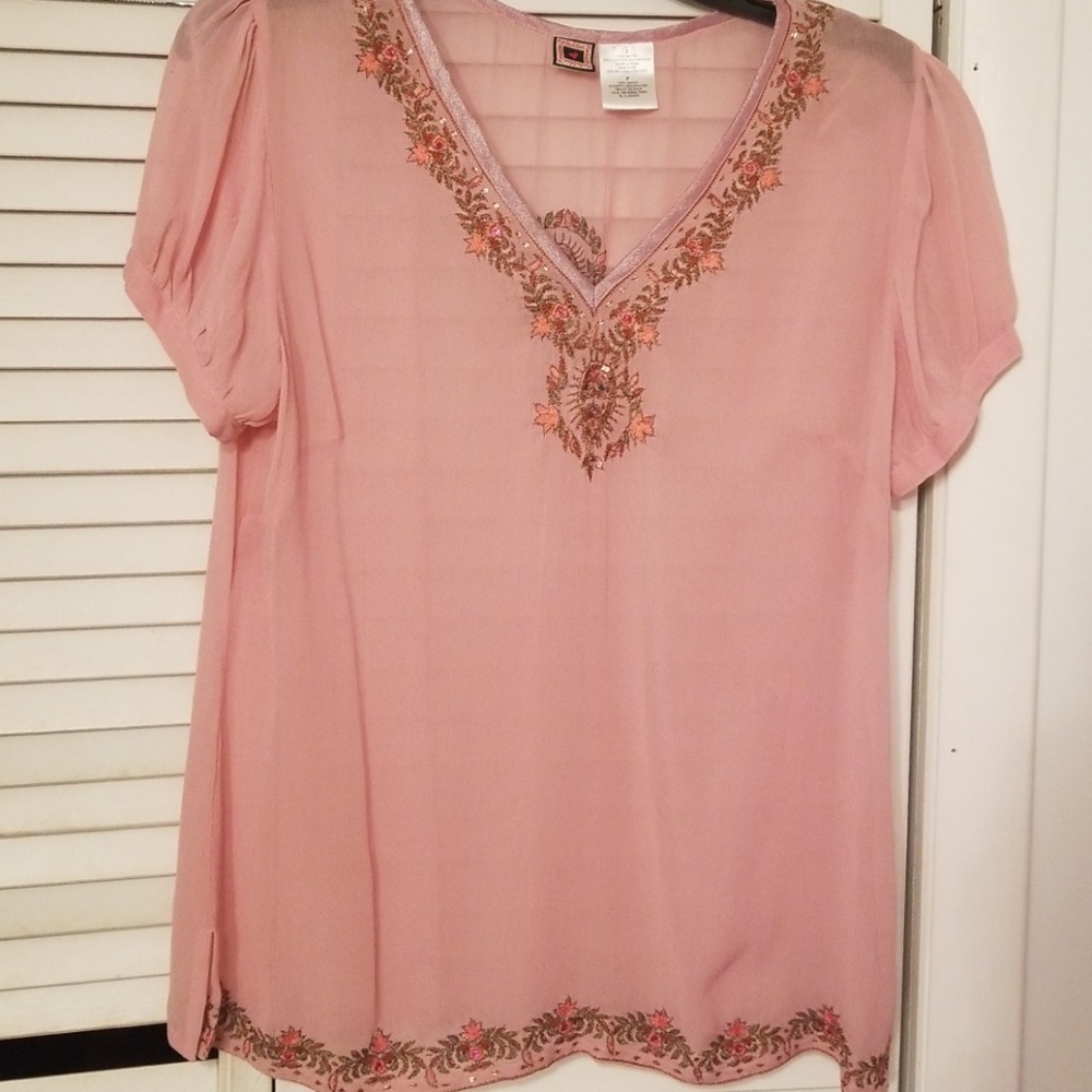 Sheer pink blouse with beading and applique size S